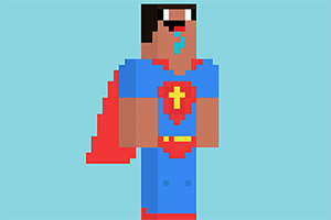파란 옷과 빨간 망토를 입은 픽셀 아트 캐릭터