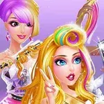 세 명의 여성 캐릭터가 화려한 헤어스타일과 옷차림을 하고 셀카를 찍는 장면