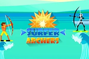 화살을 든 서퍼와 해골 활잡이가 파도 위에 서 있는 이미지