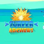 화살을 든 서퍼와 해골 활잡이가 파도 위에 서 있는 이미지