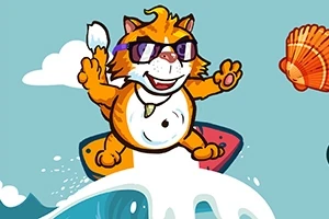 썬글라스를 쓴 주황색 고양이가 서핑보드 위에서 파도를 타고 있는 모습