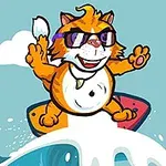 썬글라스를 쓴 주황색 고양이가 서핑보드 위에서 파도를 타고 있는 모습