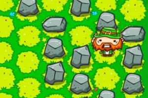 초록 잔디밭 위에 돌들이 놓여 있고, 빨간 수염을 가진 작은 캐릭터가 서 있다