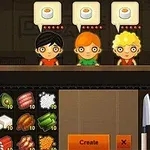 3명의 만화 스타일의 캐릭터가 각자 초밥을 주문하는 모습과 다양한 재료가 표시된 인터페이스 화면