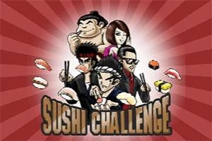 여러 인물이 초밥을 들고 있는 모습과 SUSHI CHALLENGE라는 텍스트가 있는 만화 스타일의 이미지