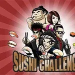 여러 인물이 초밥을 들고 있는 모습과 SUSHI CHALLENGE라는 텍스트가 있는 만화 스타일의 이미지