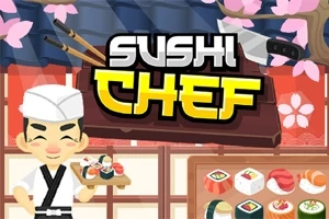 초밥 요리사가 다양한 초밥이 놓인 쟁반을 들고 있는 모습과 함께 Sushi Chef라는 글자가 있는 일본식 배경