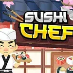 초밥 요리사가 다양한 초밥이 놓인 쟁반을 들고 있는 모습과 함께 Sushi Chef라는 글자가 있는 일본식 배경