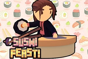 요리사 캐릭터가 스시를 준비하는 모습과 Sushi Feast라는 텍스트