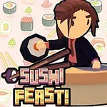 요리사 캐릭터가 스시를 준비하는 모습과 Sushi Feast라는 텍스트