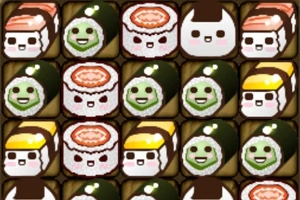 귀여운 표정의 초밥과 주먹밥 모양의 캐릭터들이 규칙적으로 배열된 이미지