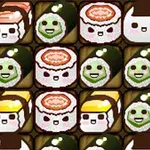 귀여운 표정의 초밥과 주먹밥 모양의 캐릭터들이 규칙적으로 배열된 이미지