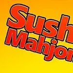 노란색 배경 위에 빨간색과 검은색 테두리로 된 Sushi Mahjong이라는 글씨가 있는 이미지