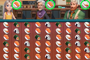 다양한 초밥 아이콘이 그리드 형태로 배열되어 있고 세 명의 캐릭터가 뒤에 서 있는 이미지