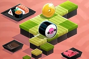 녹색 타일 위에 웃는 얼굴이 그려진 초밥 모양의 캐릭터와 동전이 있으며, 배경에는 다양한 초밥 요리가 놓여 있다