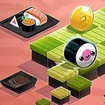 녹색 타일 위에 웃는 얼굴이 그려진 초밥 모양의 캐릭터와 동전이 있으며, 배경에는 다양한 초밥 요리가 놓여 있다