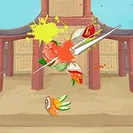 칼로 절단된 과일 조각이 공중에 떠 있는 장면