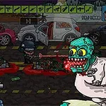 경찰복을 입은 캐릭터가 괴물과 대치하고 있는 거리의 만화 스타일 장면