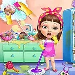 부엌에서 걸레로 바닥을 닦고 있는 핑크 옷과 노란 고무장갑을 착용한 소녀