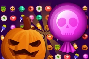 할로윈 테마의 호박과 해골 캔디가 다양한 모양과 색상의 사탕들과 함께 배치된 이미지