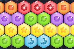 다양한 색상의 육각형 타일들이 꽃, 별, 달 모양 아이콘으로 채워져 있는 이미지