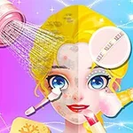 여성과 관련된 메이크업 도구와 물줄기를 보여주는 일러스트