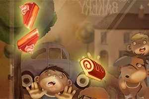 소년들이 창문을 통해 롤 케이크를 바라보는 장면