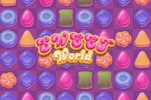 다양한 색상의 사탕들이 퍼즐 형태로 배열되어 있고, 중앙에 Sweet World라는 글자가 있는 이미지