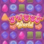 다양한 색상의 사탕들이 퍼즐 형태로 배열되어 있고, 중앙에 Sweet World라는 글자가 있는 이미지