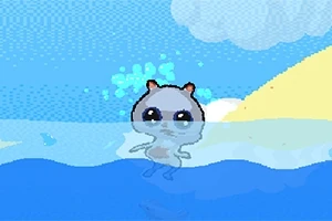 바다에 떠 있는 큰 눈을 가진 귀여운 동물 캐릭터와 하늘의 구름