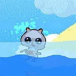 바다에 떠 있는 큰 눈을 가진 귀여운 동물 캐릭터와 하늘의 구름