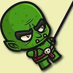 녹색 피부와 뾰족한 귀를 가진 캐릭터가 줄을 타고 있는 모습