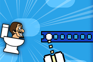 하늘색 배경에 화장실 변기에 앉아 웃고 있는 남성과 픽셀 스타일의 파란색 장애물이 있는 모습