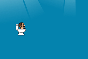 파란 배경 위에 변기 위에 앉아 있는 작은 캐릭터