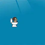 파란 배경 위에 변기 위에 앉아 있는 작은 캐릭터