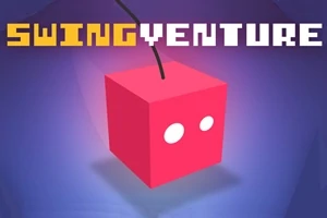 분홍색 큐브 모양의 얼굴이 배경의 파란 그라데이션 위에 있고 위쪽에 SWING VENTURE라는 텍스트가 있는 이미지