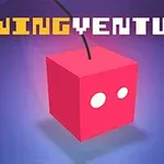 분홍색 큐브 모양의 얼굴이 배경의 파란 그라데이션 위에 있고 위쪽에 SWING VENTURE라는 텍스트가 있는 이미지