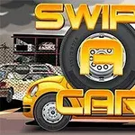 노란색 자동차와 검은 타이어 위에 대문자 노란색 텍스트가 있는 이미지