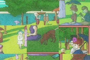 여러 조각의 그림들이 모여 만들어진 퍼즐로 공원에서의 휴일 풍경을 묘사한 이미지