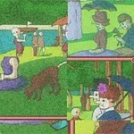 여러 조각의 그림들이 모여 만들어진 퍼즐로 공원에서의 휴일 풍경을 묘사한 이미지