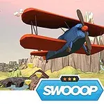 빨간 날개를 가진 파란색 복엽기가 하늘을 나는 풍경이 있으며, 배경에는 산과 나무가 있는 목가적인 풍경이 펼쳐져 있다