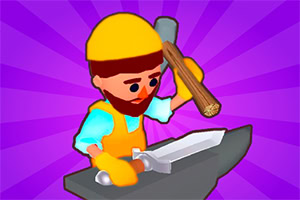 노란색 모자와 장갑을 착용한 대머리 수염 난 남자가 모루 위에 놓인 칼을 망치로 두드리는 모습