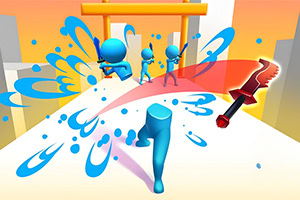 파란색 스틱맨 캐릭터들이 도로 위에서 서로 경쟁하며 빨간색 칼과 파란색 물결 효과가 뒤섞인 장면