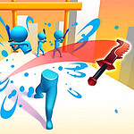 파란색 스틱맨 캐릭터들이 도로 위에서 서로 경쟁하며 빨간색 칼과 파란색 물결 효과가 뒤섞인 장면