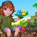 빨간 머리 소녀가 녹색 셔츠를 입고 앉아 있으며, 손에는 작은 털북숭이 생물들이 담긴 접시를 들고 있고 주변에도 다양한 색상의 털북숭이 생물들이 있다