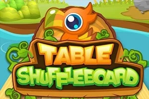 화려한 만화 스타일의 로고 이미지로, 나뭇잎과 큰 눈을 가진 오렌지색 새 옆에 TABLE SHUFFLEBOARD라는 텍스트가 나와 있습니다
