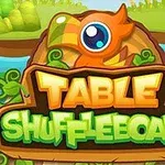 화려한 만화 스타일의 로고 이미지로, 나뭇잎과 큰 눈을 가진 오렌지색 새 옆에 TABLE SHUFFLEBOARD라는 텍스트가 나와 있습니다
