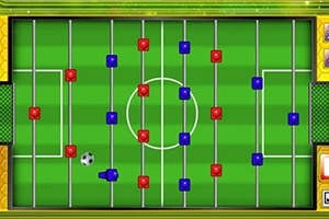 초록색 축구 경기장 위에 빨간색과 파란색 버튼들이 줄지어 배치되어 있고, 공이 그려져 있습니다