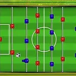 초록색 축구 경기장 위에 빨간색과 파란색 버튼들이 줄지어 배치되어 있고, 공이 그려져 있습니다