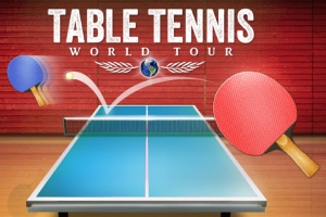 탁구대 앞에 두 개의 탁구채와 날아가는 공이 있으며, 배경에는 TABLE TENNIS WORLD TOUR라는 글자가 있다